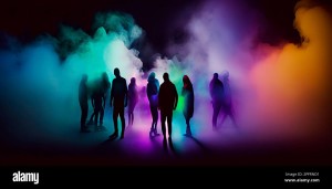 People in silhouette with neon and smoke Generative AI