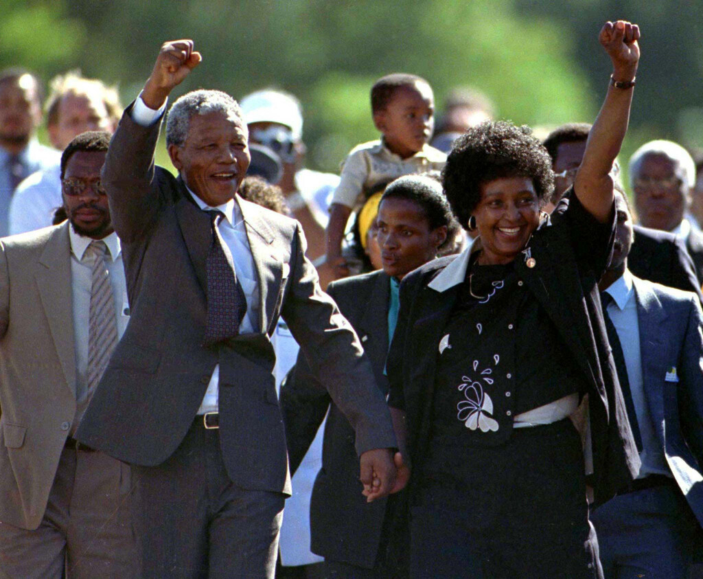 Nelson Mandela (front L), accompanied by his wife Winnie, walks out of the Victor Verster prison, near Cape Town, after spending 27 years in apartheid jails on February 11, 1990. REUTERS _ Ulli Michel _ Bridgeman Images
